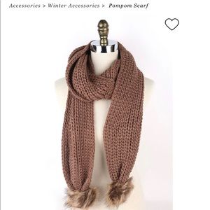 Long Beige Knitted Pom Pom Sweater Scarf